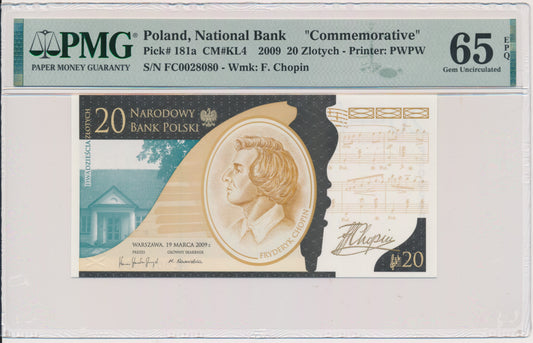 Banknot 20 złotych 2009 – Fryderyk Chopin – PMG 65 EPQ