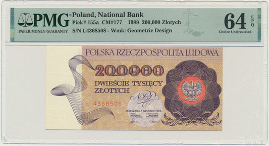 Banknot 200.000 złotych 1989 – L – PMG 64 EPQ