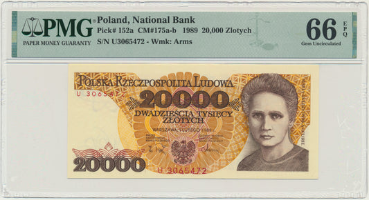 Banknot 20.000 złotych 1989 – U – PMG 66 EPQ – RZADKA