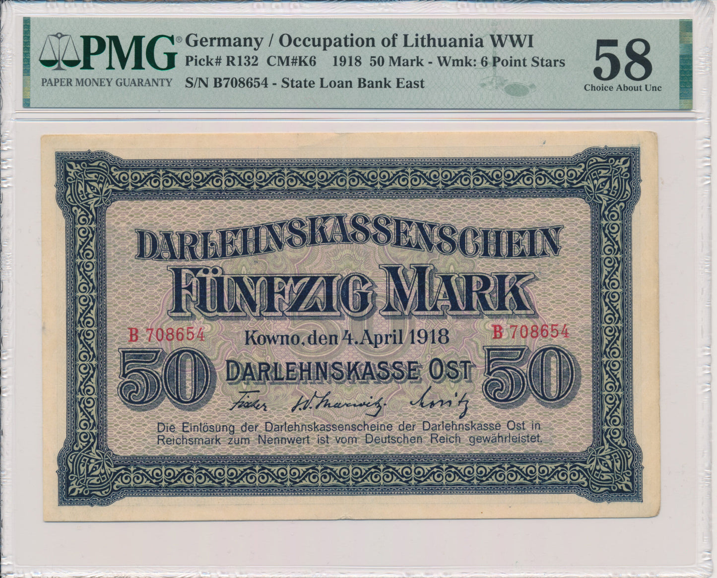 Banknot 50 marek 1918 – B – PMG 58