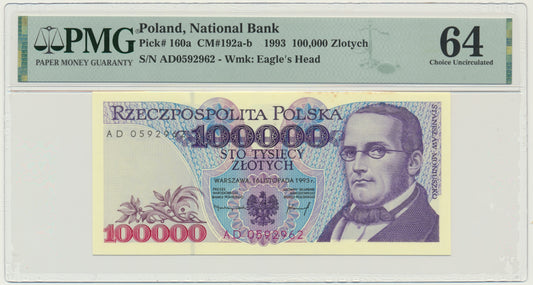 Banknot 100.000 złotych 1993 – AD – PMG 64