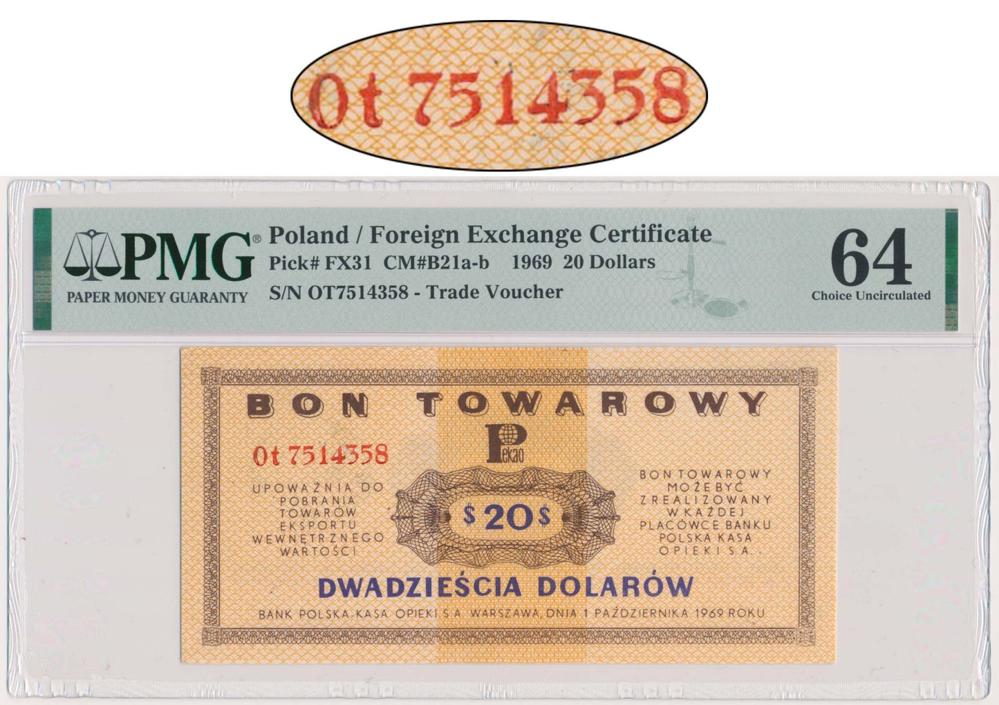 Pewex, 20 dolarów 1969 – Ot – PMG 64 – NIEWYŁAPANE FAŁSZERSTWO