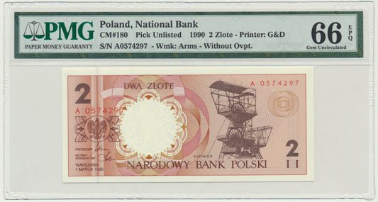 Banknot 2 złote 1990 – A – PMG 66 EPQ