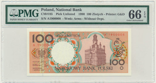 Banknot 100 złotych 1990 – A – PMG 66 EPQ