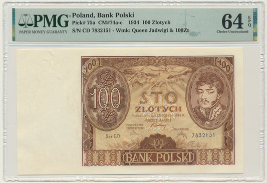 100 złotych 1934 – Ser.C.D. – bez dodatkowych znw. – PMG 64 EPQ