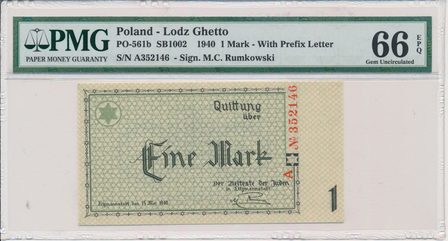 Banknot 1 marka 1940 – A – 6 cyfr – PMG 66 EPQ