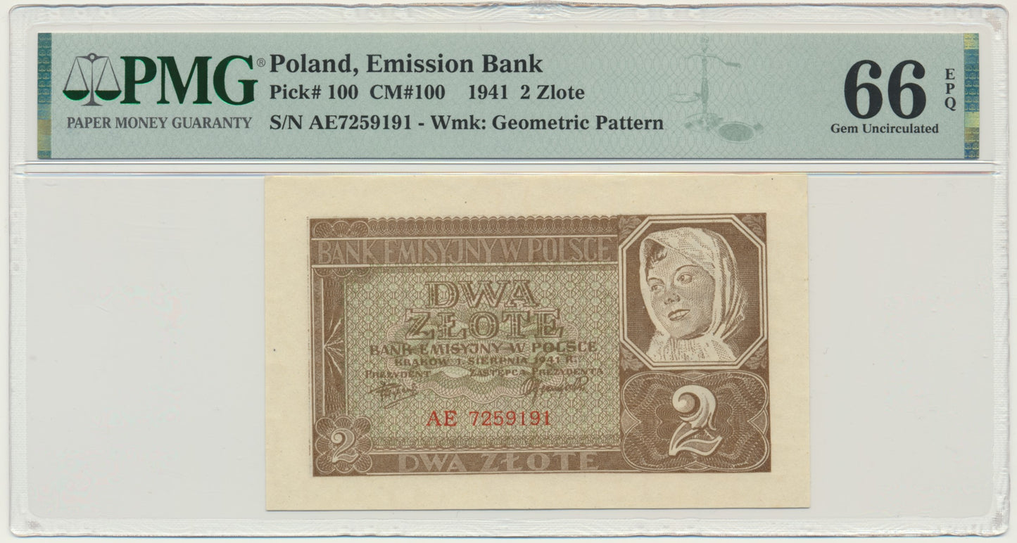 Banknot 2 złote 1941 – AE – PMG 66 EPQ