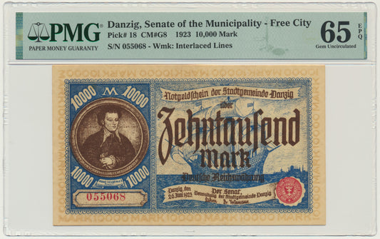 Gdańsk, Banknot 10.000 marek 1923 – PMG 65 EPQ