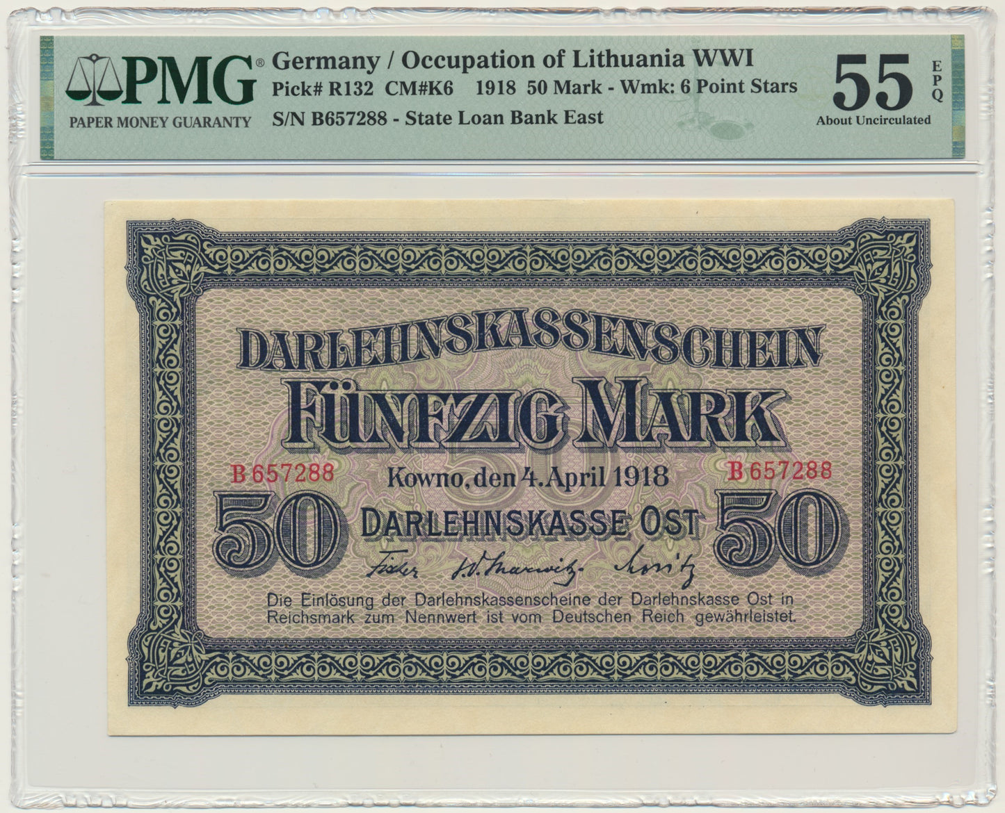 Kowno, Banknot 50 marek 1918 – B – PMG 55 EPQ