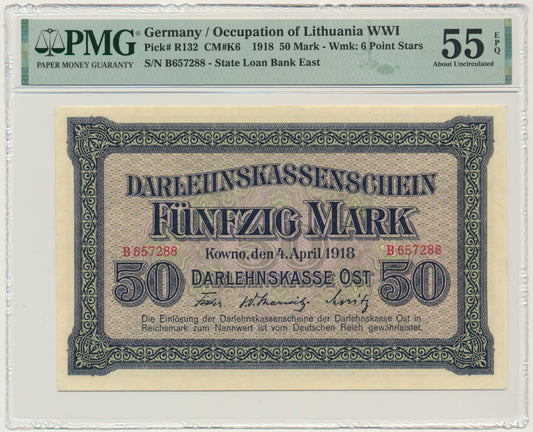 Kowno, Banknot 50 marek 1918 – B – PMG 55 EPQ