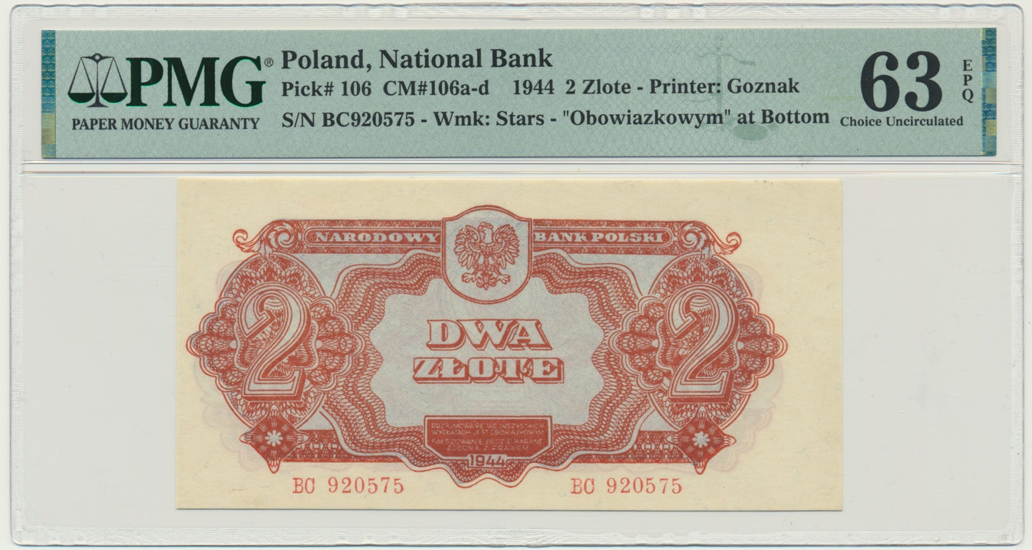 Banknot 2 złote 1944 …owym – BC – PMG 63 EPQ