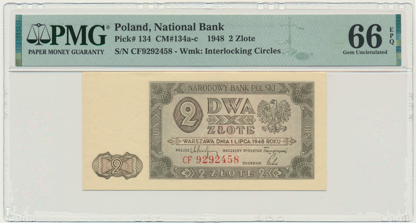 Banknot 2 złote 1948 – CF – PMG 66 EPQ