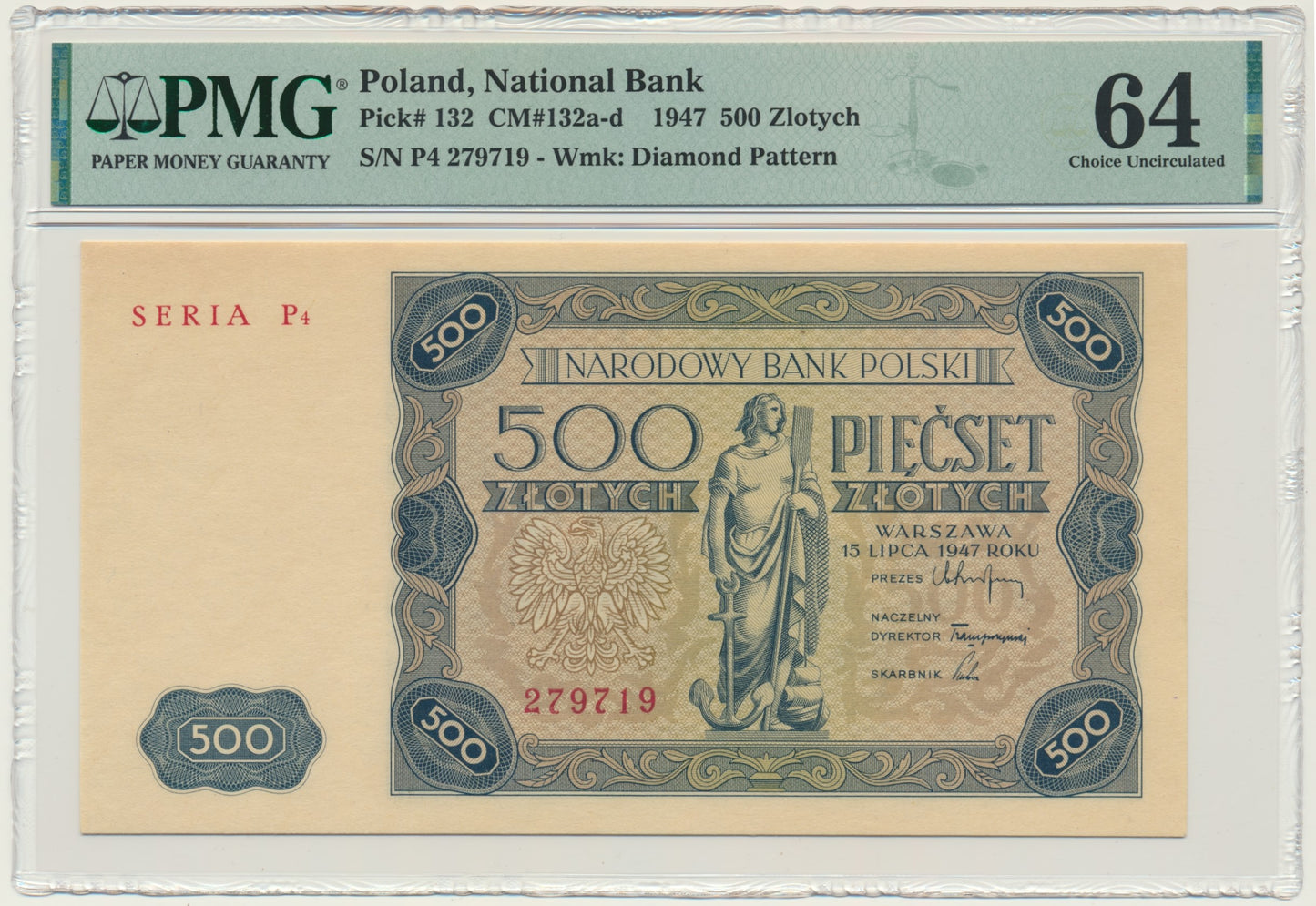 Banknot 500 złotych 1947 – P4 – PMG 64