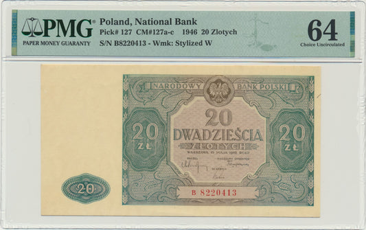 Banknot 20 złotych 1946 – B – PMG 64