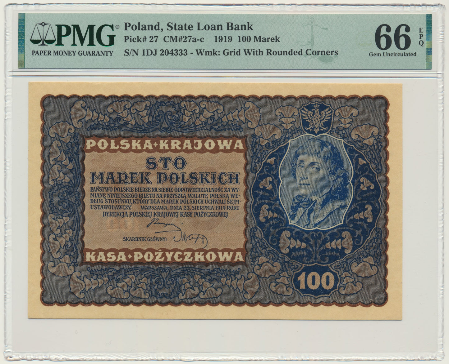 Banknot 100 marek 1919 – ID Serja J – PMG 66 EPQ