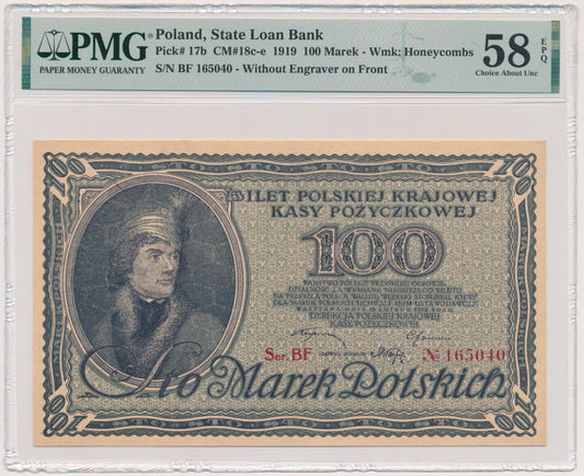 100 marek 1919 – Ser.BF – PMG 58 EPQ – numerator czerwony