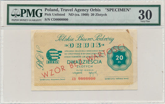 ORBIS, Banknot 20 złotych – WZÓR – CD 0000000 – PMG 30 – RZADKI