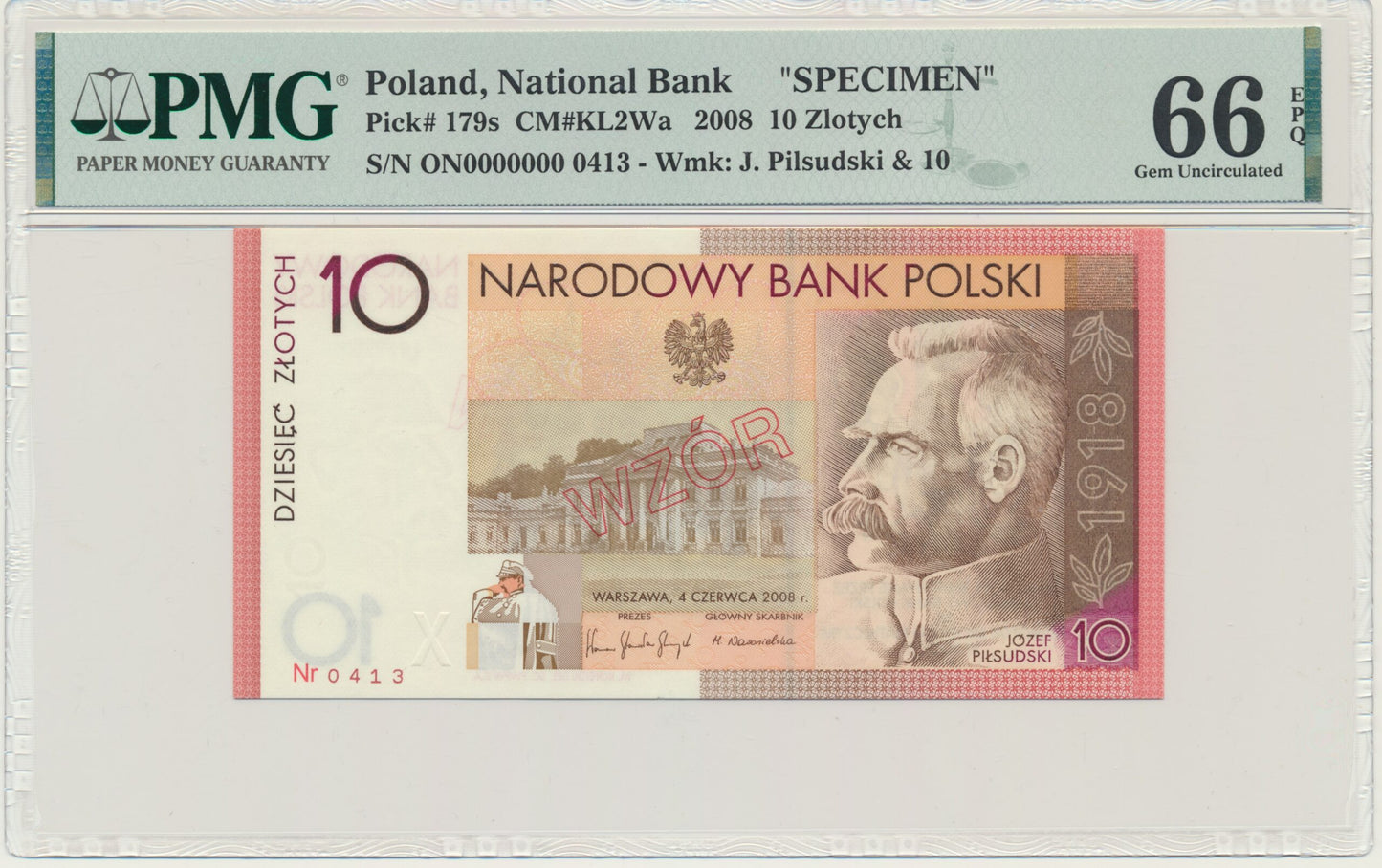 Banknot 10 złotych 2008 – 90. Rocznica Odzyskania Niepodległości – WZÓR – PMG 66 EPQ – RZADKOŚĆ