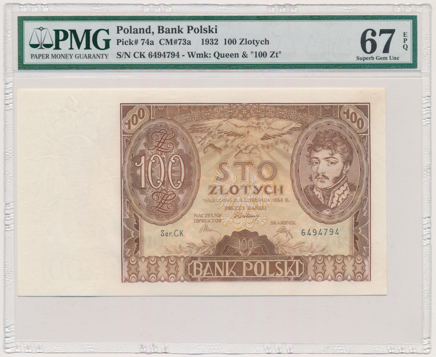 100 złotych 1934 – Ser.C.K. – PMG 67 EPQ