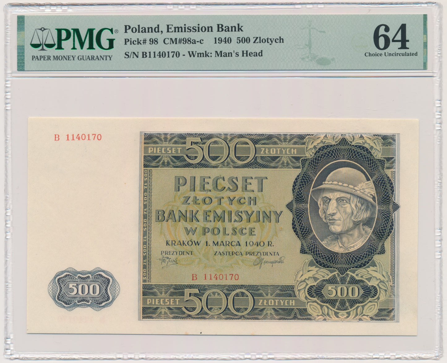 500 złotych 1940 – B – PMG 64