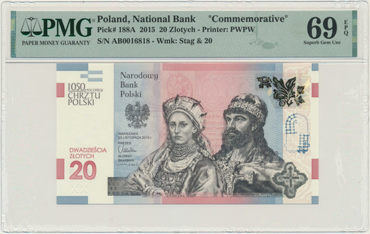 Banknot 20 złotych 2015 – 1050 rocznica chrztu Polski – PMG 69 EPQ