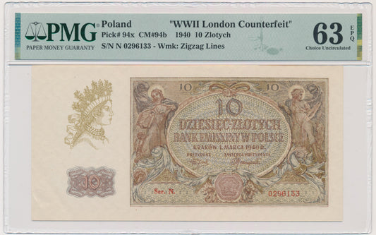 Banknot 10 złotych 1940 – N. – London Counterfeit – PMG 63 EPQ