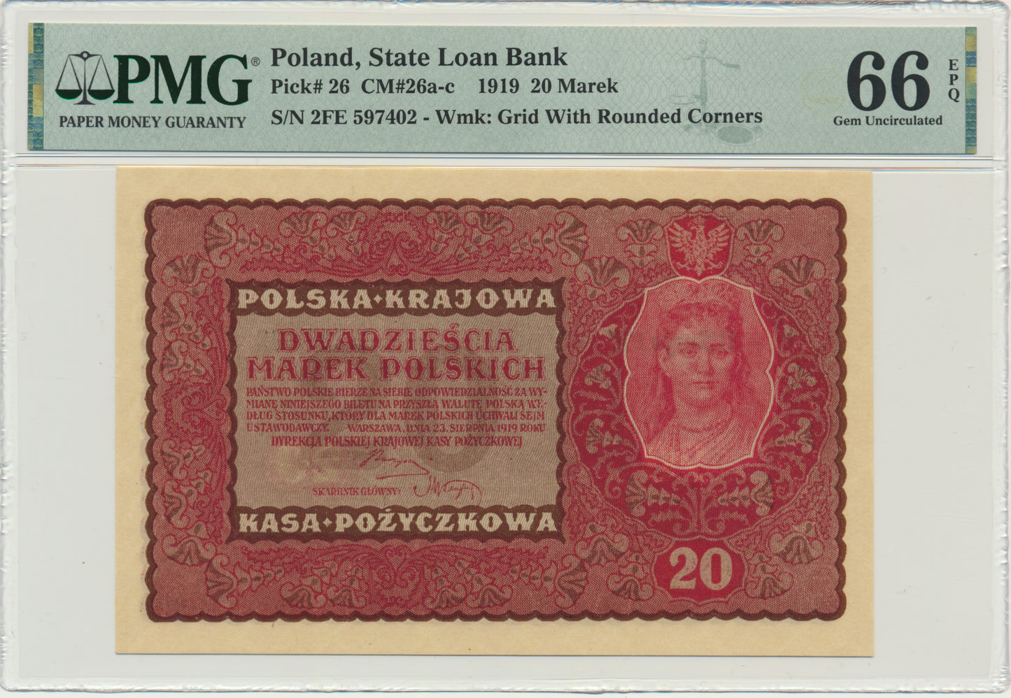 Banknot 20 marek 1919 – II Serja FE – PMG 66 EPQ