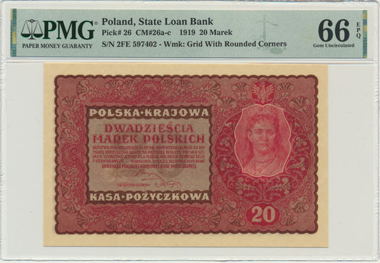 Banknot 20 marek 1919 – II Serja FE – PMG 66 EPQ