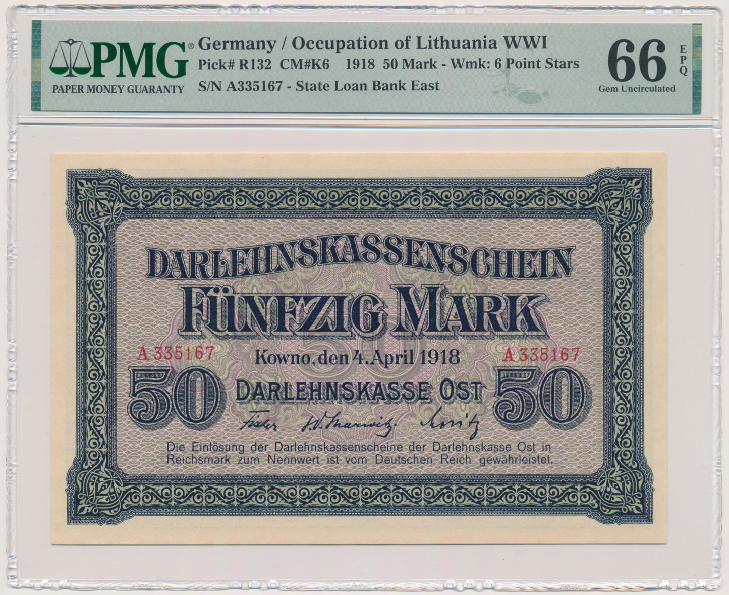 Kowno, 50 marek 1918 – A – PMG 66 EPQ