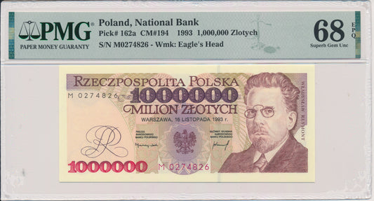 Banknot 1 milion złotych 1993 – M – PMG 68 EPQ