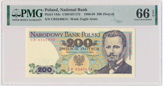 Banknot 200 złotych 1986 – CR – PMG 66 EPQ – pierwsza seria rocznika