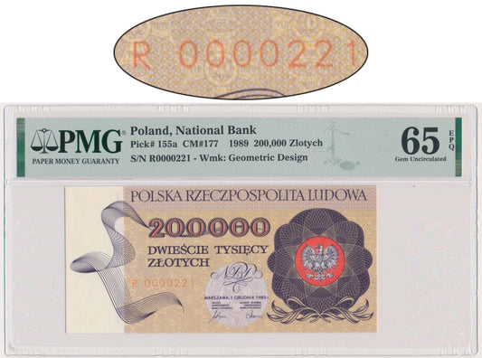 Banknot 200.000 złotych 1989 – R – PMG 65 EPQ – niski numer