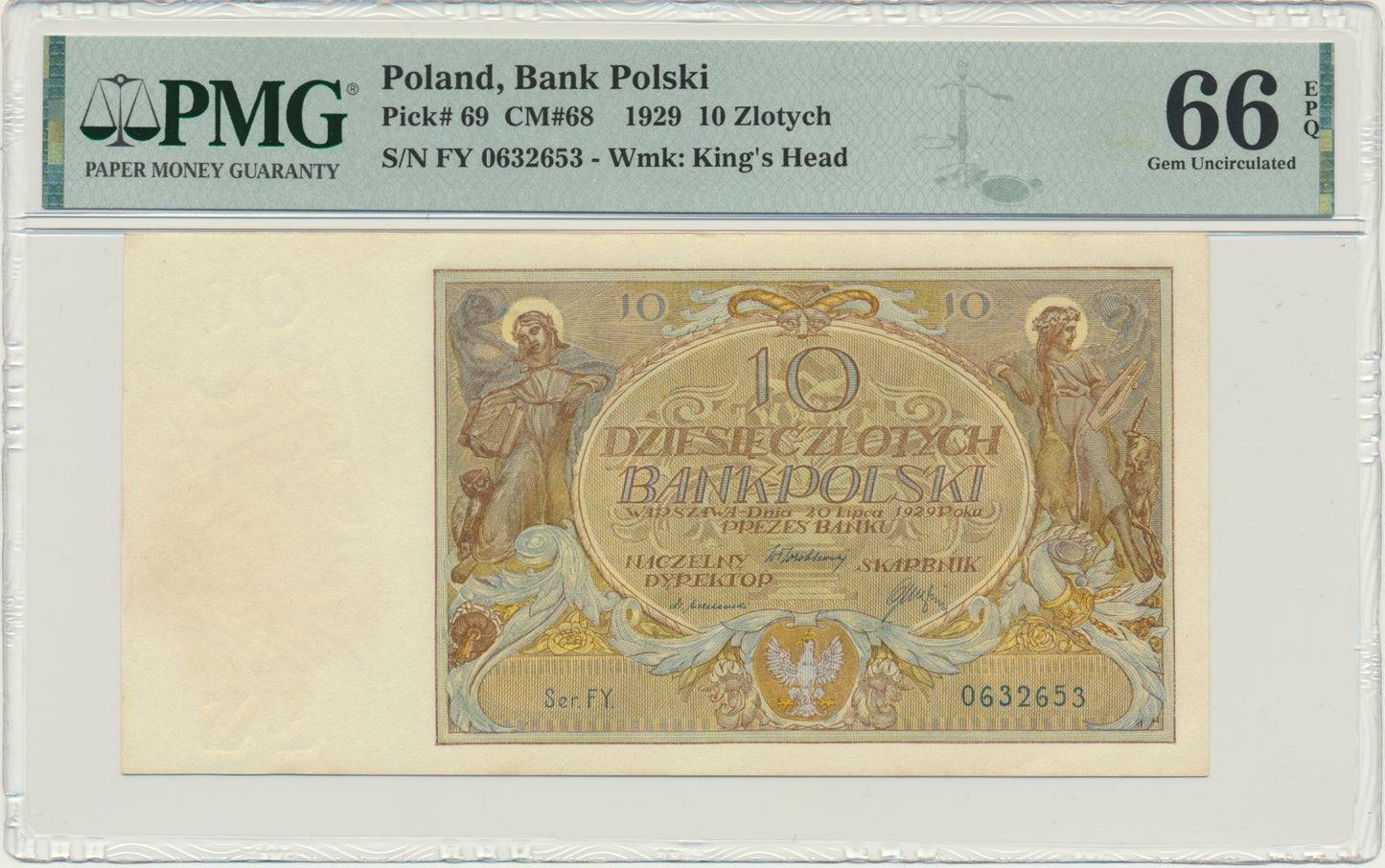 Banknot 10 złotych 1929 – Ser.FY. – PMG 66 EPQ