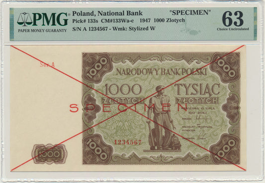 Banknot 1.000 złotych 1947 -A- SPECIMEN – PMG 63