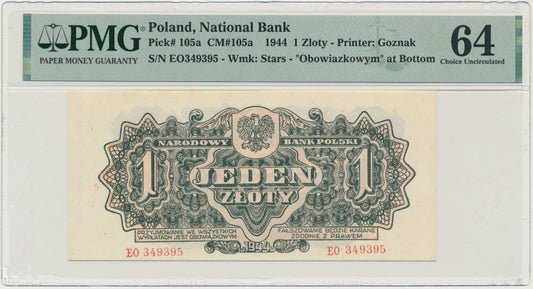 Banknot 1 złoty 1944 …owym – EO- PMG 64