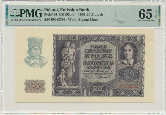 Banknot 20 złotych 1940 – B – PMG 65 EPQ