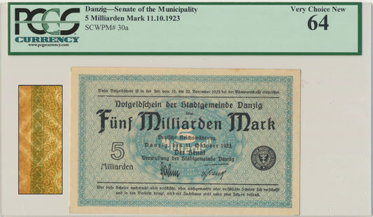 Gdańsk, Banknot 5 miliardów marek 1923 – znw. „kwadraty” – PCGS 64 – RZADKI