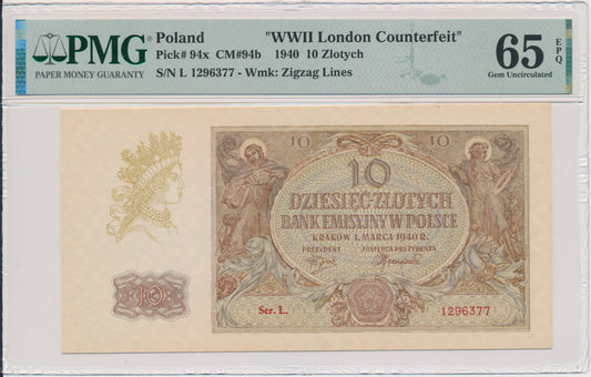 Banknot 10 złotych 1940 – L – London Counterfeit – PMG 65 EPQ