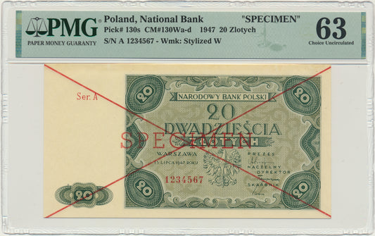 Banknot 20 złotych 1947 – SPECIMEN – A 1234567 – PMG 63