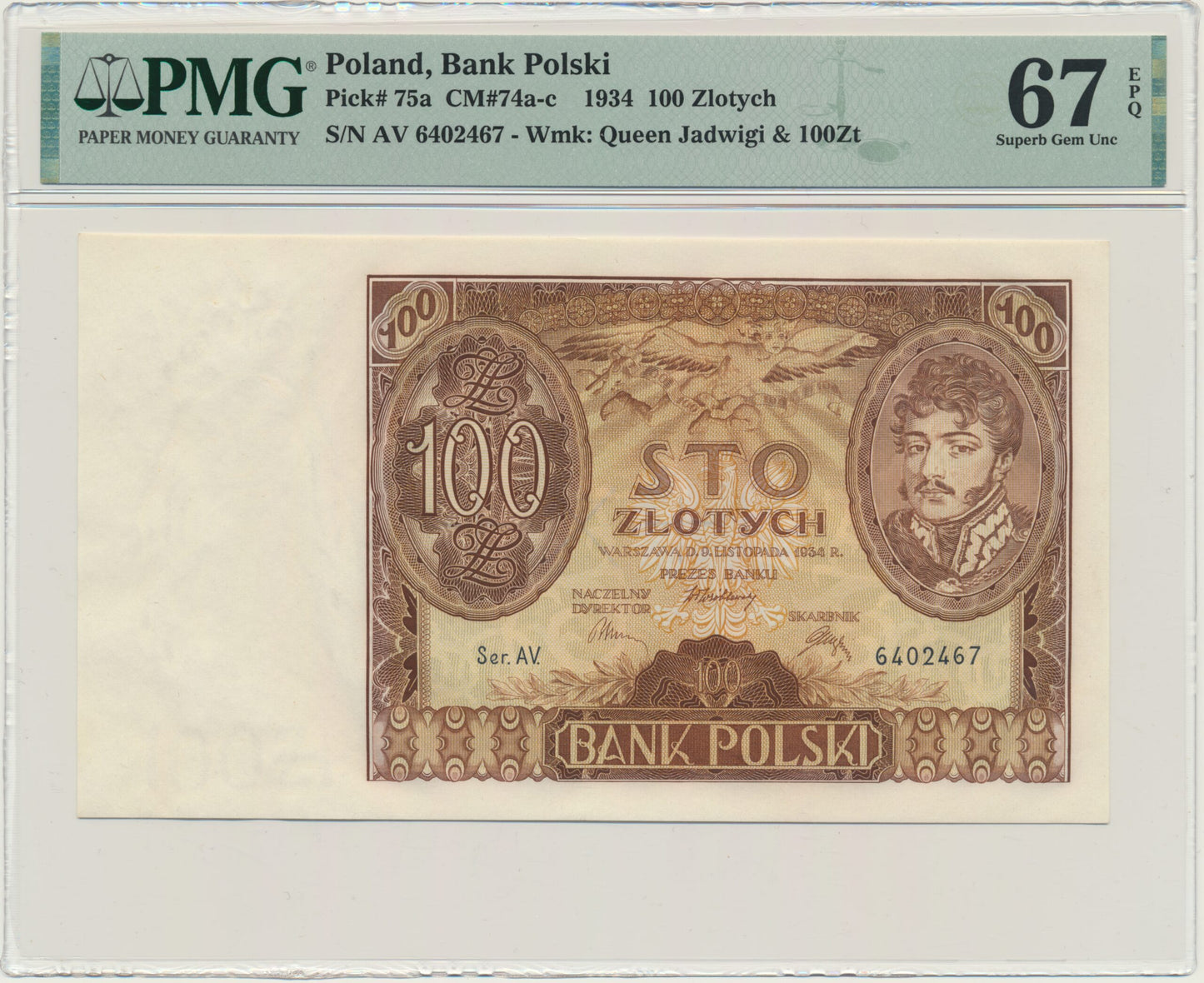 Banknot 100 złotych 1934 – Ser.AV. – PMG 67 EPQ