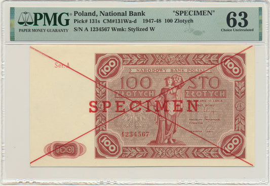 Banknot 100 złotych 1947 – SPECIMEN – A 1234567 – PMG 63