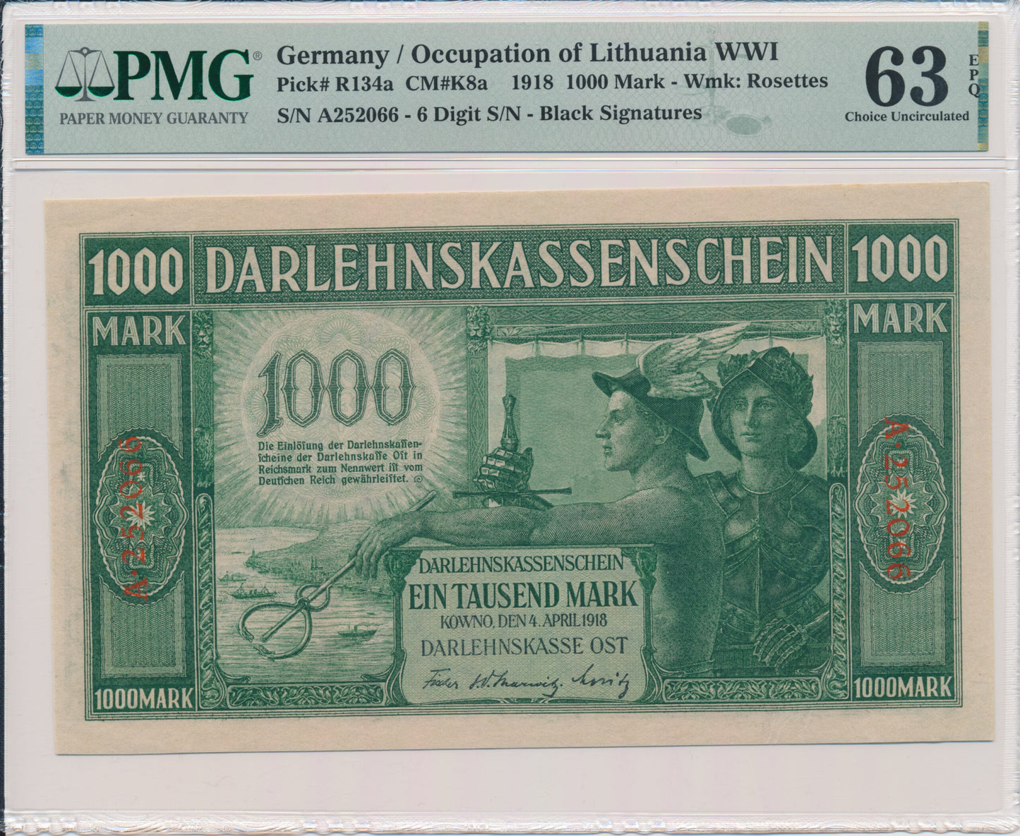 Kowno – Banknot 1.000 marek 1918 – A – 6 cyfr – PMG 63