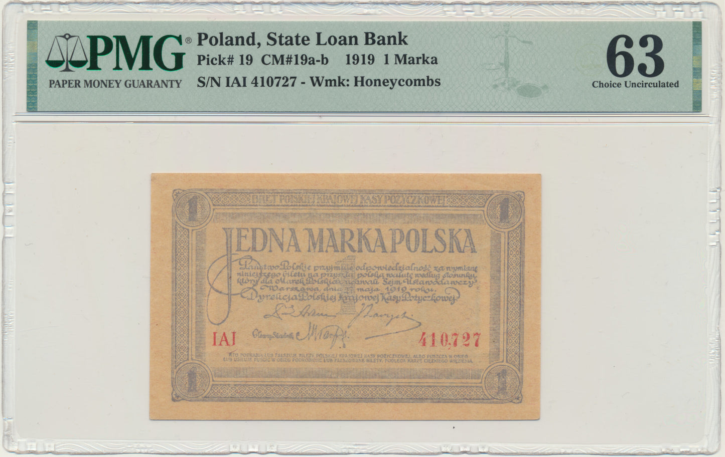 Banknot 1 marka 1919 – IAI – PMG 63