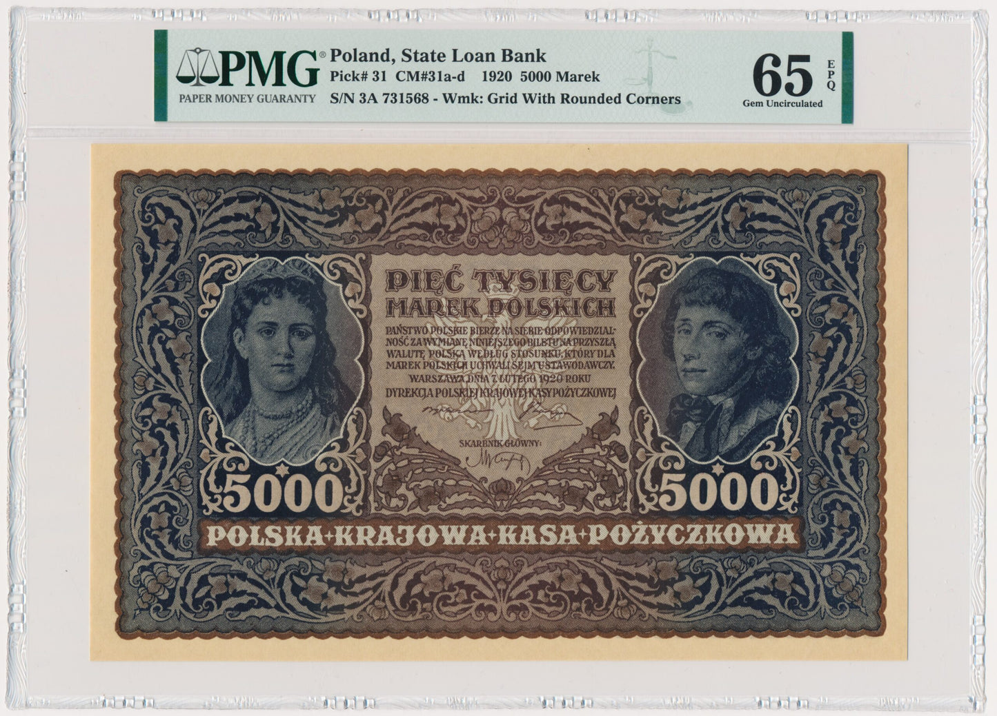 Banknot 5.000 marek 1919 – III Serja A – PMG 65 EPQ