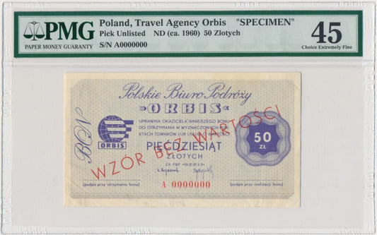 ORBIS, Banknot 50 złotych – WZÓR – A 0000000 – PMG 45 – RZADKI