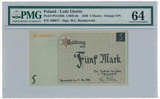 Banknot 5 marek 1940 – PMG 64 – papier kartonowy