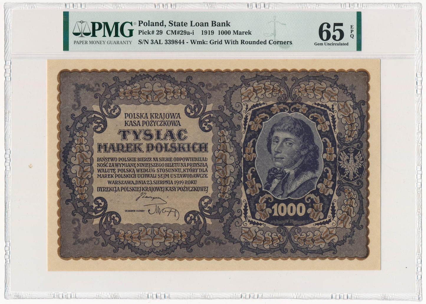 Banknot 1.000 marek 1919 – III Serja AL – PMG 65 EPQ – szeroka numeracja