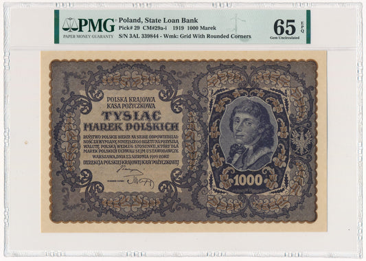 Banknot 1.000 marek 1919 – III Serja AL – PMG 65 EPQ – szeroka numeracja