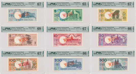 Zestaw Miasta Polskie 1-500 złotych 1990 – WZÓR (9 szt.) – PMG 65-68 EPQ